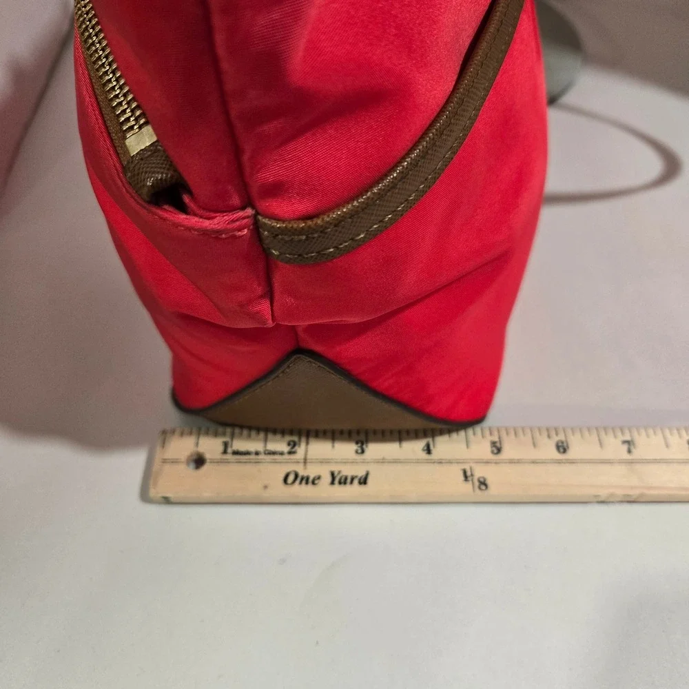Michael Kors Polly Tote Bag Watermelon Coral Red Nylon Tan Leather Trim